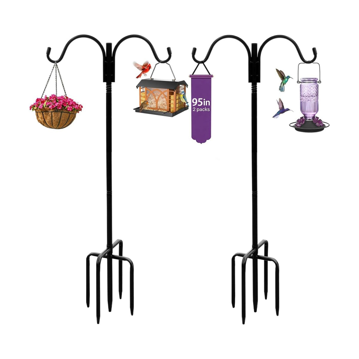 Shepherds Hooks Outdoor 95" Adjustable 2 Pack 5-Prong Base for Bird Feeders