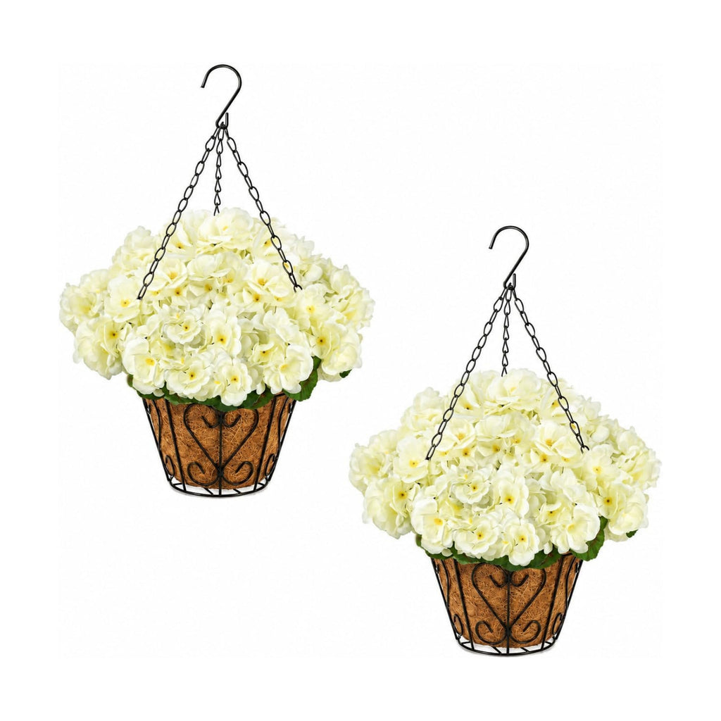 2 Pack Artificial Geraniums Flowers with Hanging Baskets,UV Resistant Silk Faux White Geranium Flowers with Hanging Planters for Outdoor Patio Balcony Front Porch Garden Home Decor