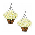2 Pack Artificial Geraniums Flowers with Hanging Baskets,UV Resistant Silk Faux White Geranium Flowers with Hanging Planters for Outdoor Patio Balcony Front Porch Garden Home Decor