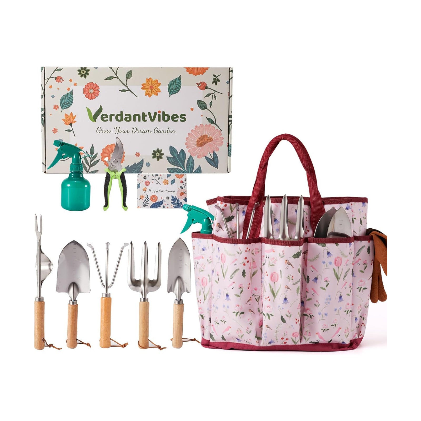 VerdantVibes Gardening Tools Set - 10 Piece Stainless Steel Garden Tools with Wood Handle, Pruners & Romantic Pink