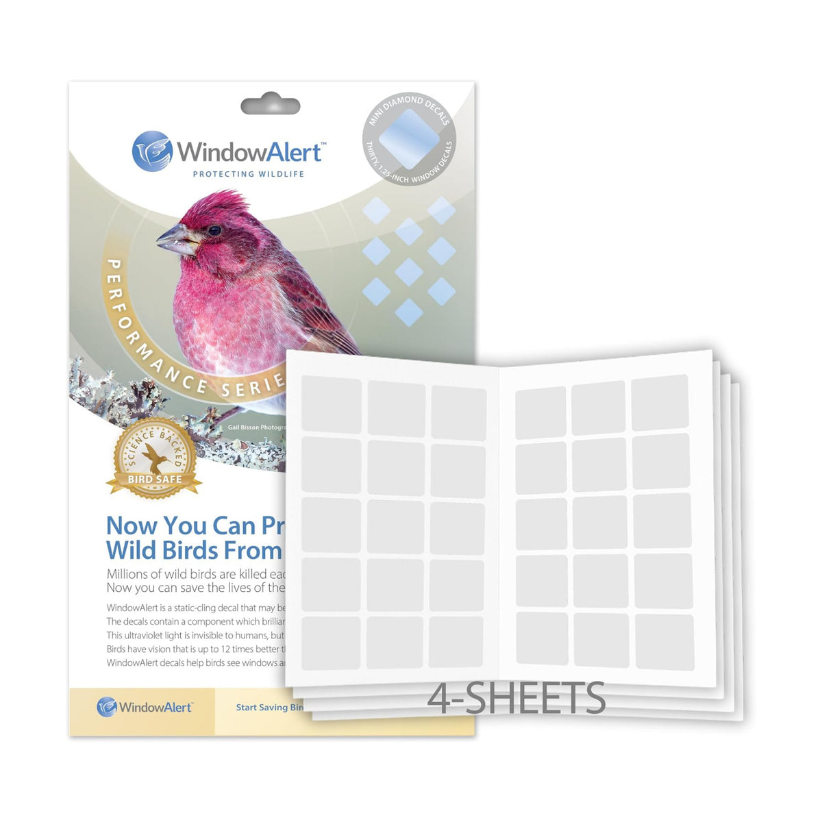 WindowAlert Performance Series Diamond Anti-Collision Decal 4 Sheet Bundle - UV-Reflective Window Decal to Protect Wild Birds from Glass Collisions - Made in the USA