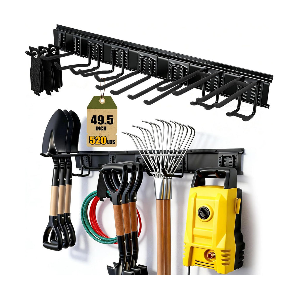 Garage Tool Organizer Wall Mount 49.5", 520lbs Heavy Duty Rack | 11 Adjustable Hooks for Garage Wall Garden & Yard