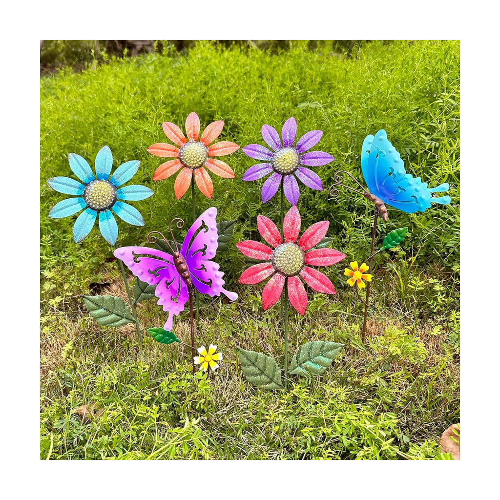 6Pack Metal Flowers for Outside，16.15" Decorative Garden Stakes | Metal Flowers &Butterfly Stakes For Spring Decor