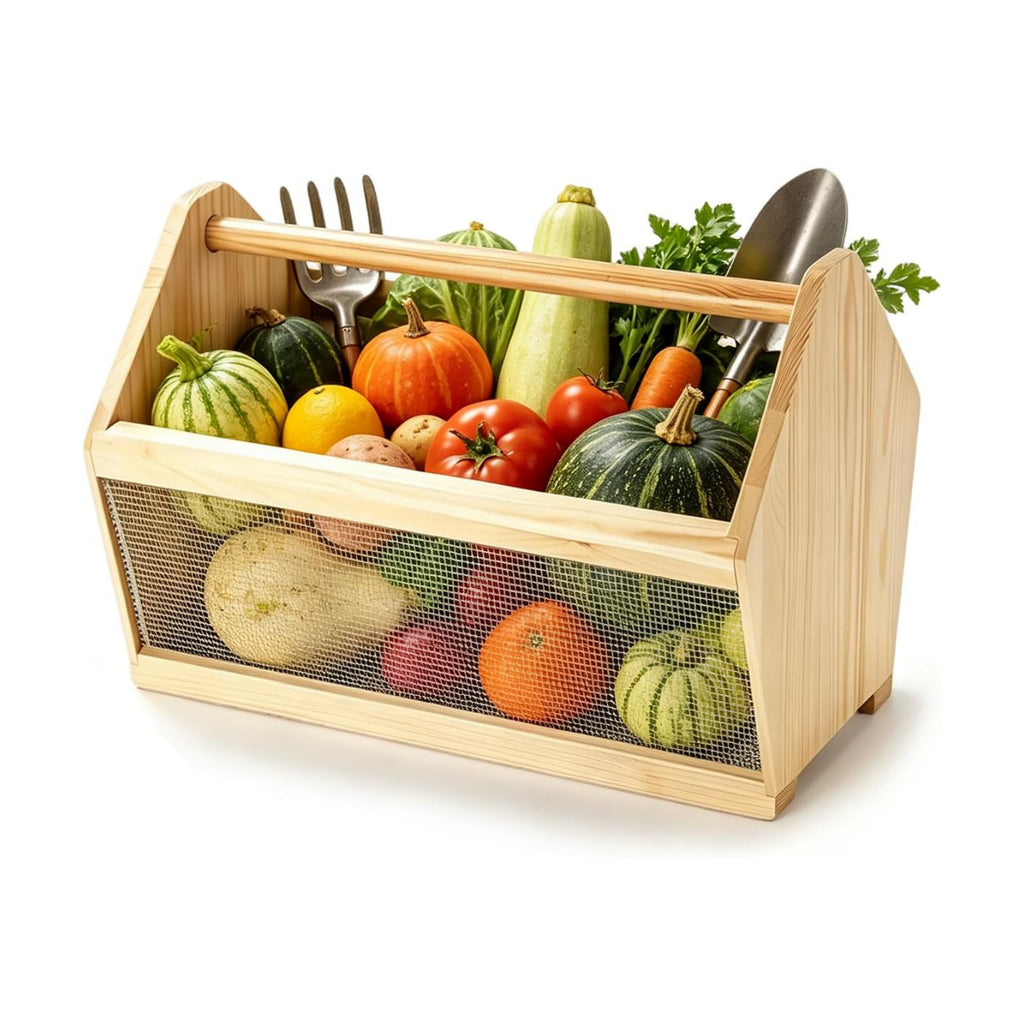 Garden Basket, Wood Harvest Basket with Wire Mesh, 12x7.5x10″ | Solid wood, rust-proof wire mesh, for gathering fruits