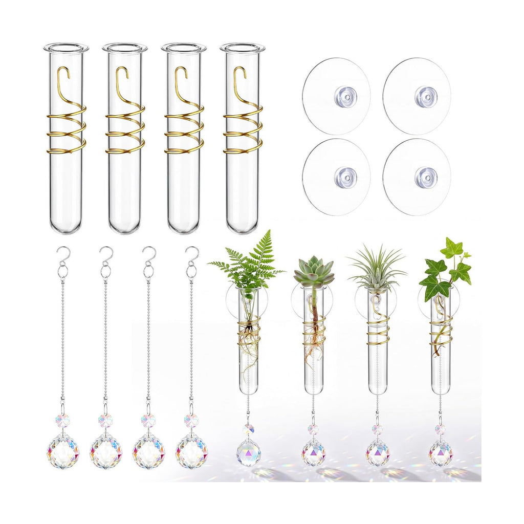 Zhehao 4 Set Window Hanging Propagation Stations 5.9'' Plastic Propagation Vases with Suction Cup & Crystal Pendants