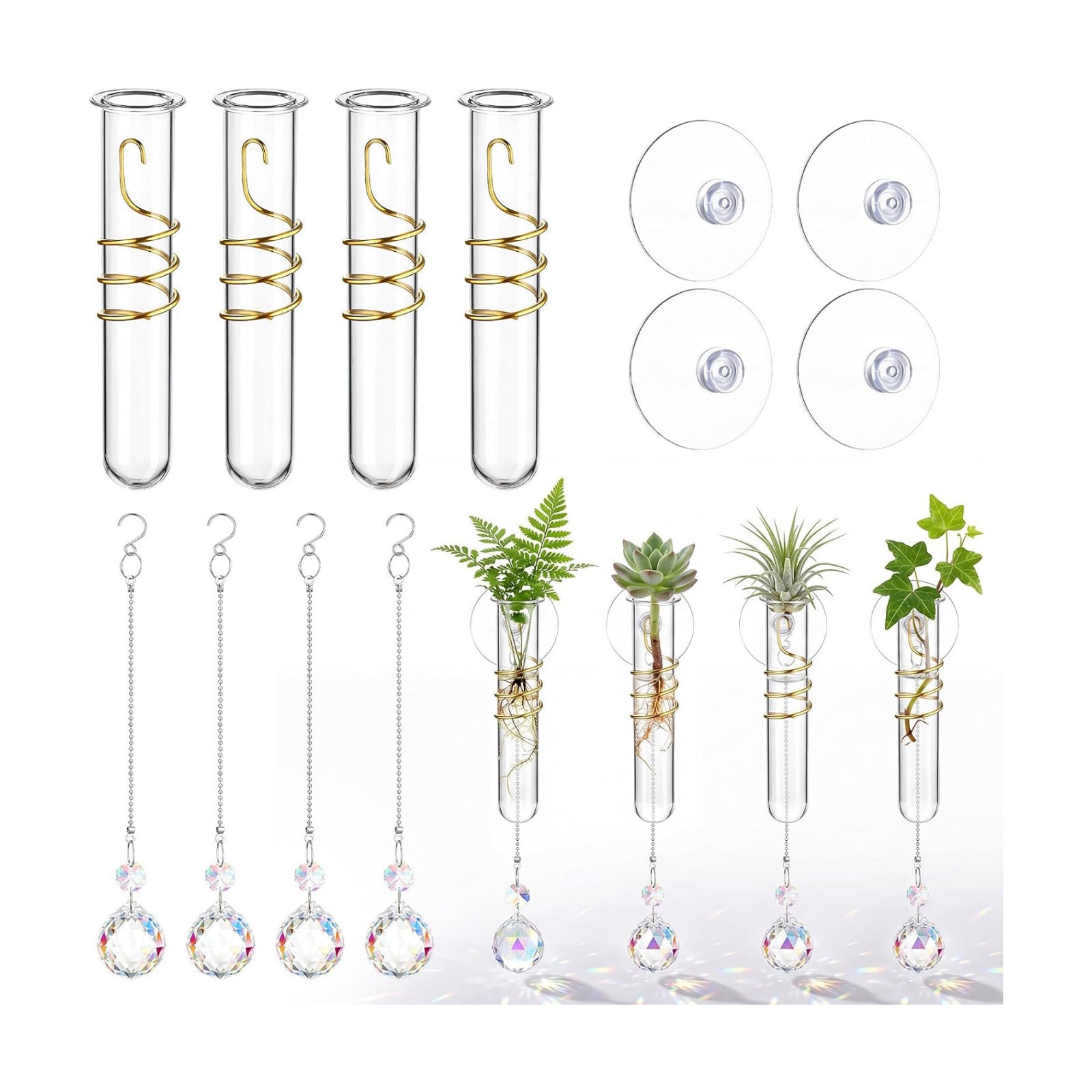 Zhehao 4 Set Window Hanging Propagation Stations 5.9'' Plastic Propagation Vases with Suction Cup & Crystal Pendants