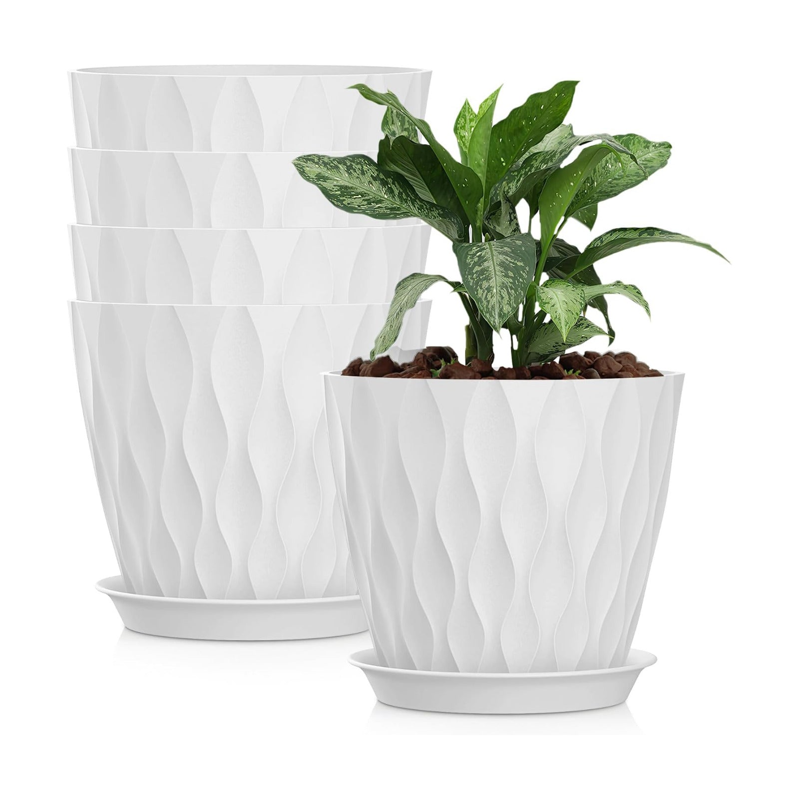 8 Inch Plastic Plant Pots,Set of 5 Flower Pots,Planters with Drainage Holes & Saucers, Indoor Outdoor Garden Pots for