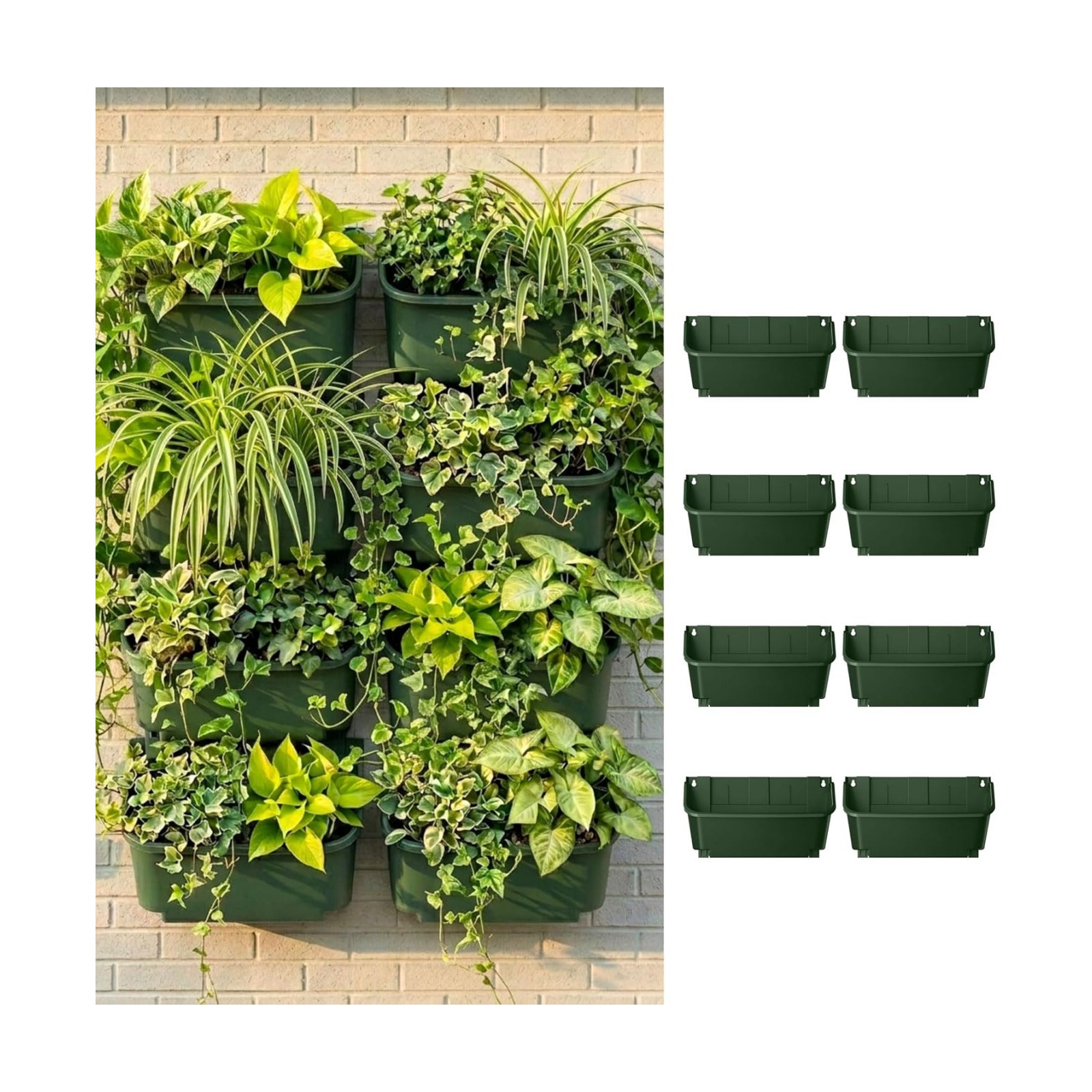 LaLaGreen Vertical Garden Planter - 8 Pack, 13 inch Dark Green Wall Mounted Pots for Garden Green Wall, Plant Wall