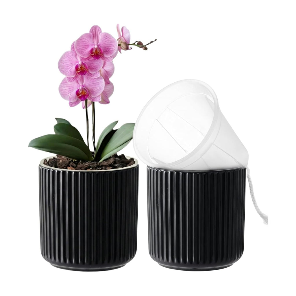 Ceramic Orchid Pot, Clear Nursery Pot & self Watering,5 inch,Black | Dual-Pot System,Root Visibility,Flexible Use for