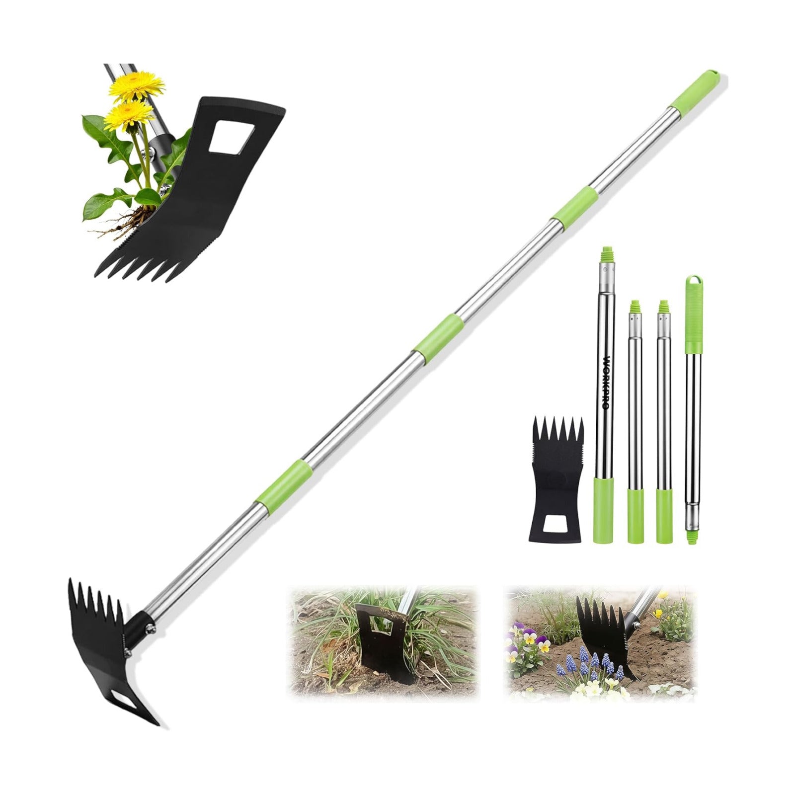 WORKPRO Weed Puller Tool with Long Handle, 2-in-1 Garden Hoe & Weed Rake | 29"-56" Adjustable Manual Weeding Tool