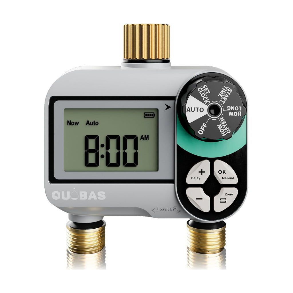QUOBAS Brass Sprinkler Timer, Programmable Water Hose Timer for Garden Hose | 2 Zone Faucet Timer with Waterproof LCD