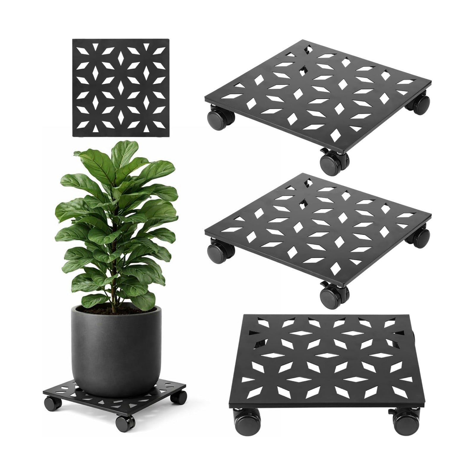 Party Zealot 12 Inch Plant Caddy with Wheels, 3 Pack Plant Stand with Wheels Heavy-Duty Metal Square Rolling Plant