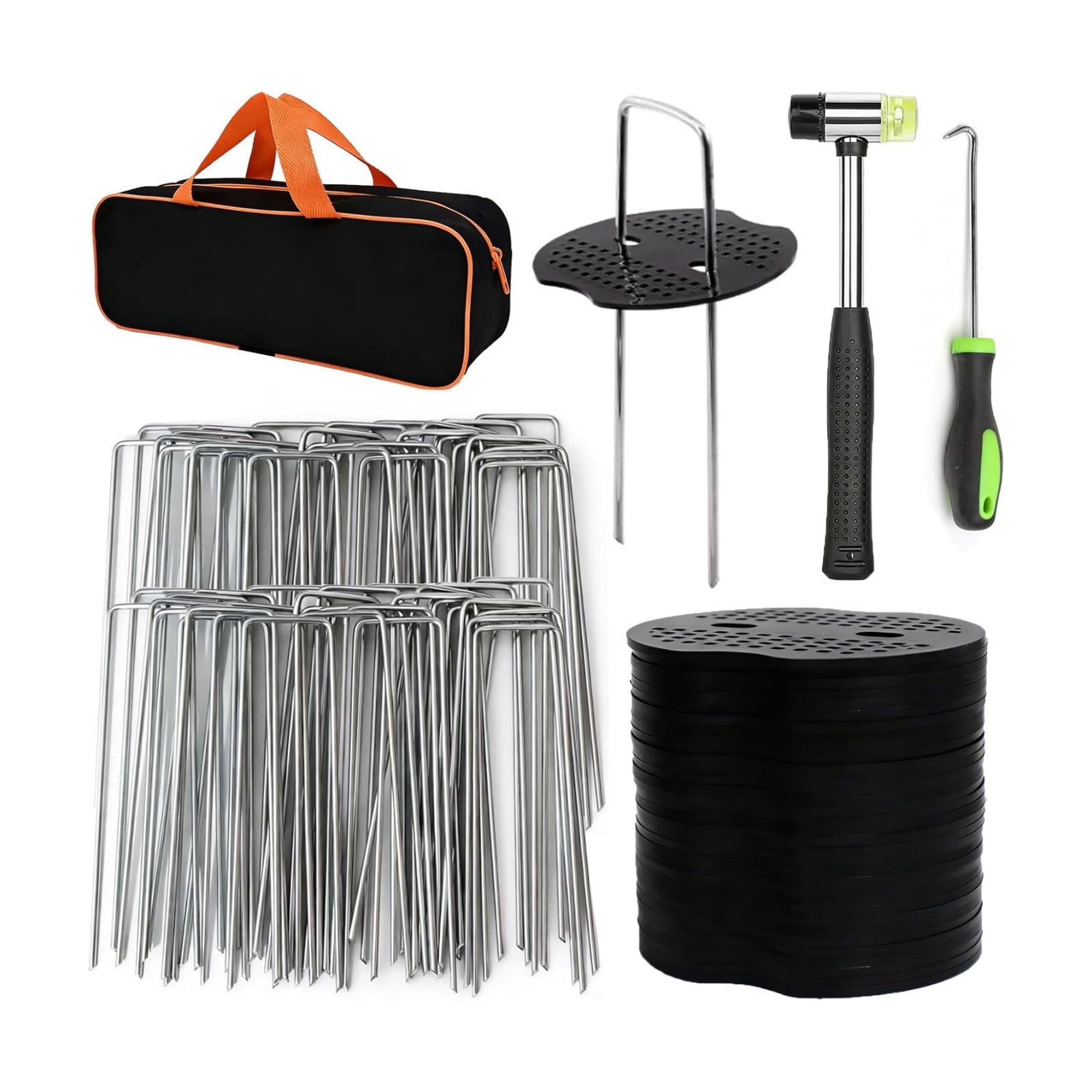 202Pcs Garden Stake Staple kit, 100Pcs 6-inch U-Shaped Landscape Staples, 100 Fixing Gasket, Pick Hook, Rubber Mallet
