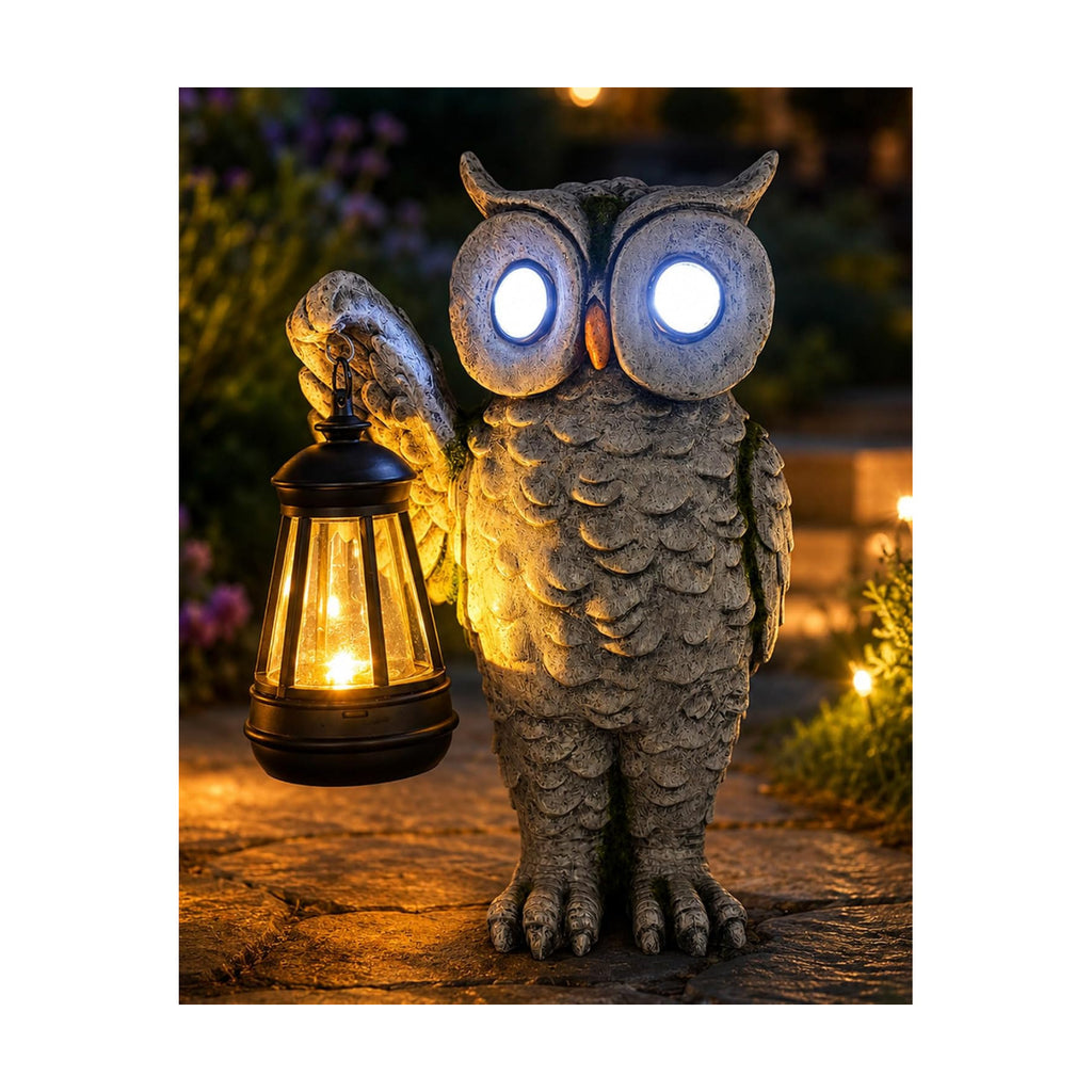 Solar Owl Garden Statue, Stone-Look Resin with Lantern | Glowing Eyes Auto Dusk Lighting Hand-Painted Finish