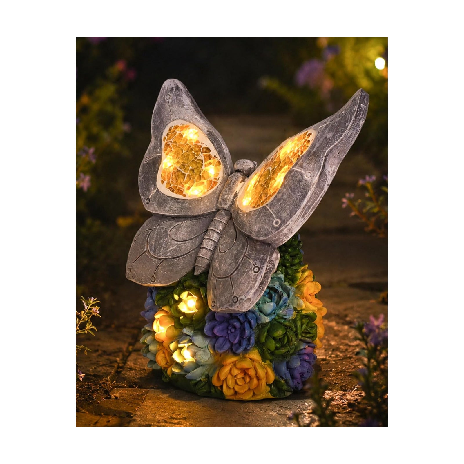 Solar Butterfly Garden Statue, Resin LED Outdoor Decor | Crackled Glass Wings, Succulent Base, Hand-Painted Detail