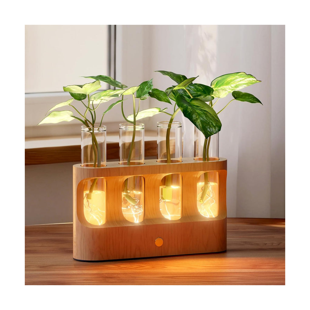 Rechargeable Plant Propagation Station with Stepless Dimming Lights | Wooden Stand, 4 Glass Test Tubes, Home Decor for