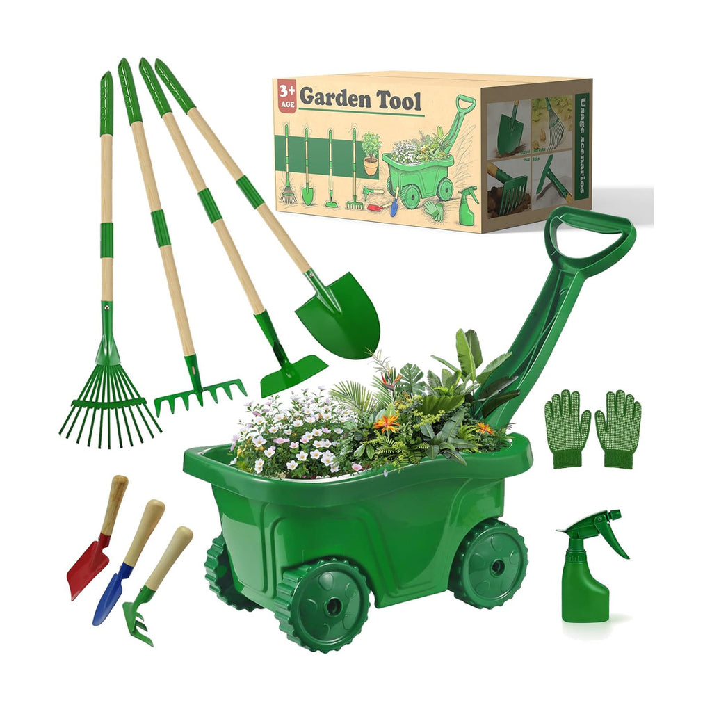 VICHTOP 10Pcs Kids Gardening Tools Set - Wheelbarrow Toys with Shovel, Rake, Hoe and Leaf Rake for Outdoor Backyard