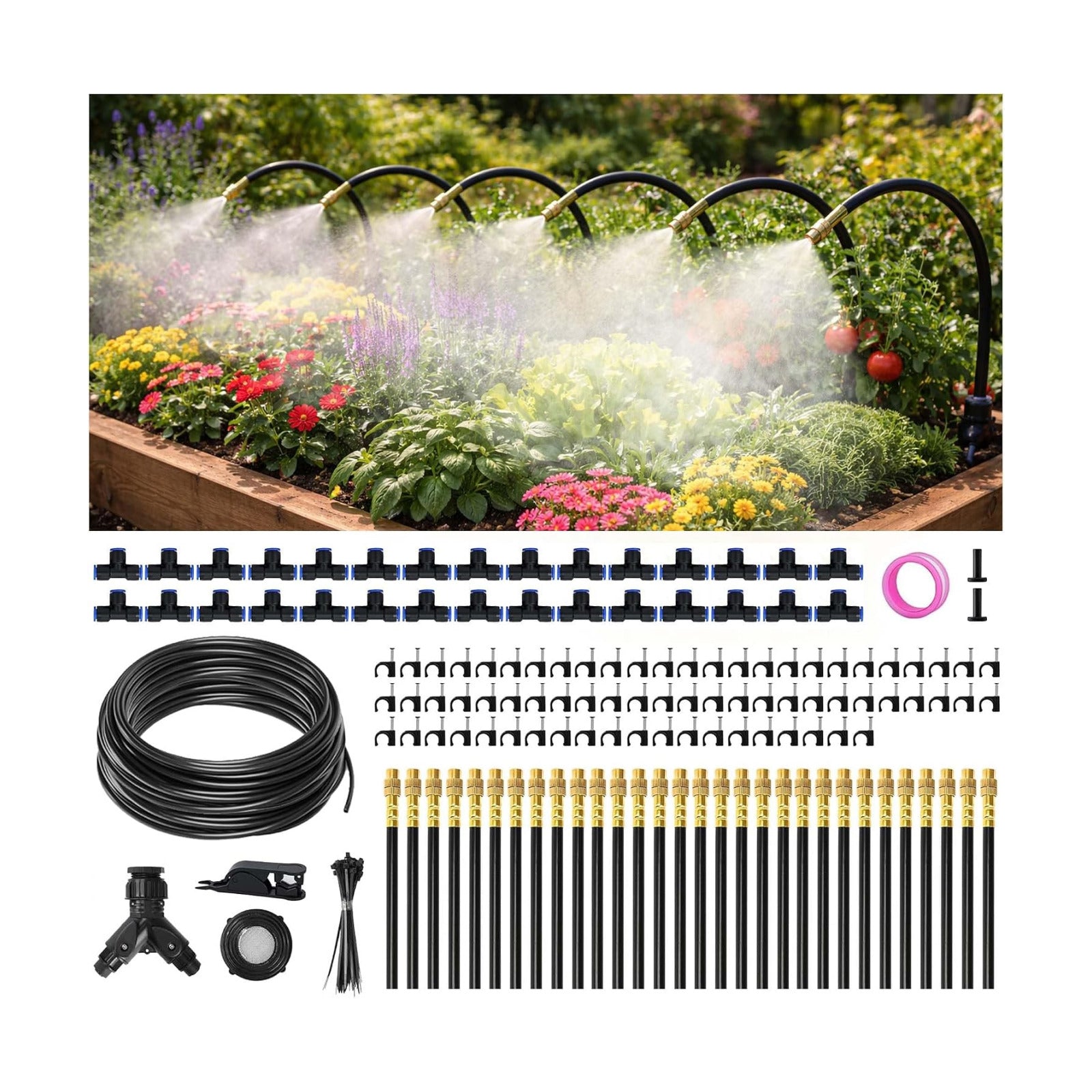 100FT Drip Irrigation System Kit Dual-Zone Garden Atomizing Watering System with 30 Copper 360° Adjustable Bendable
