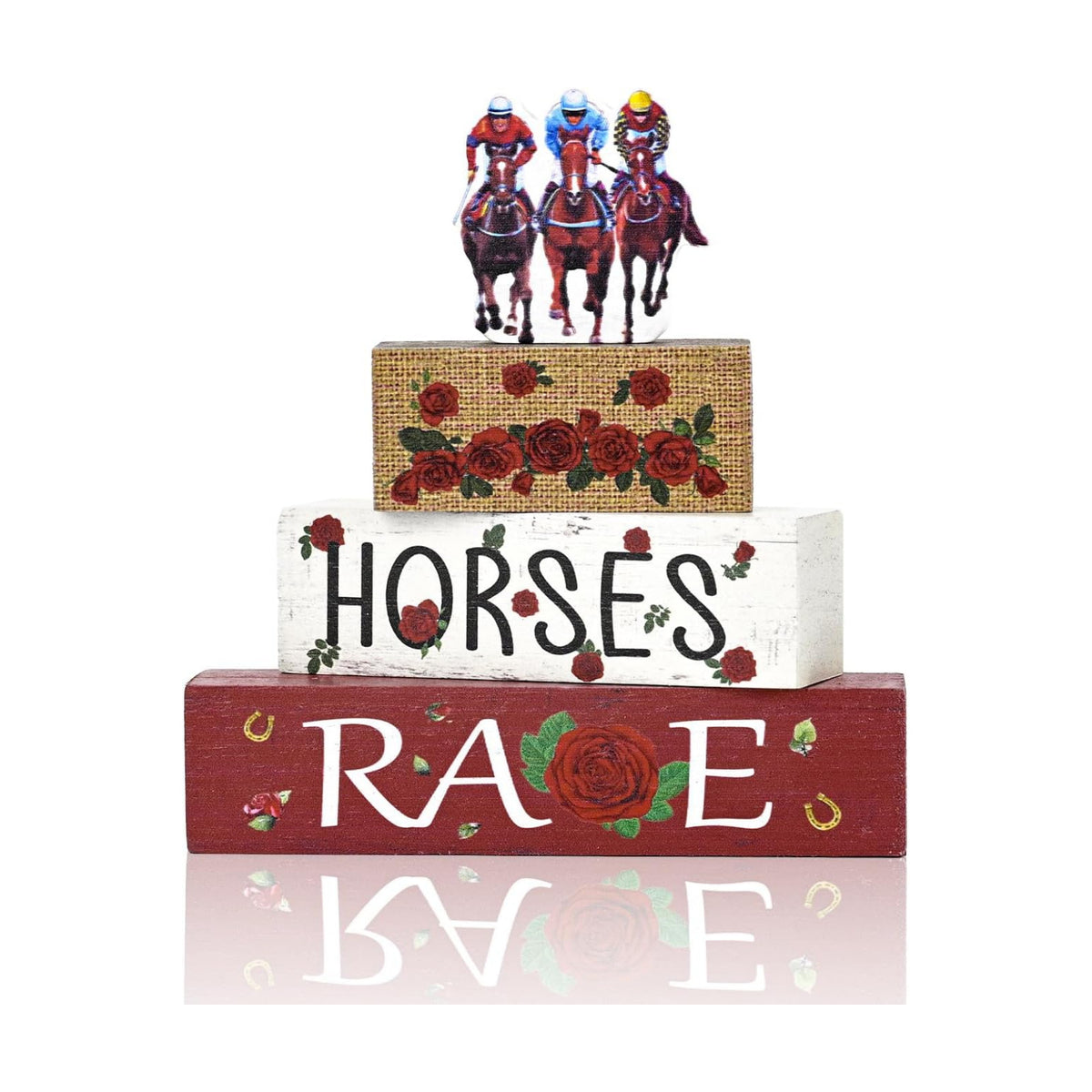 Smile Horses and Races Wooden Block Decor Jockey HORSES RACES Rose Tiered Tray Tabletop Signs for Horse Racing Party Decorations