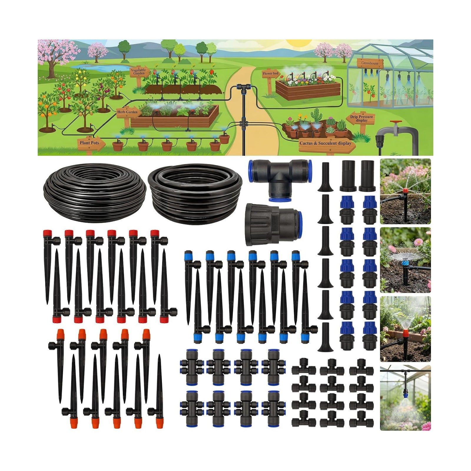 Drip Irrigation System 230FT Quick-Connect Drip Irrigation Kit with 1/4 inch 1/2 inch Irrigation Tubing Hose and