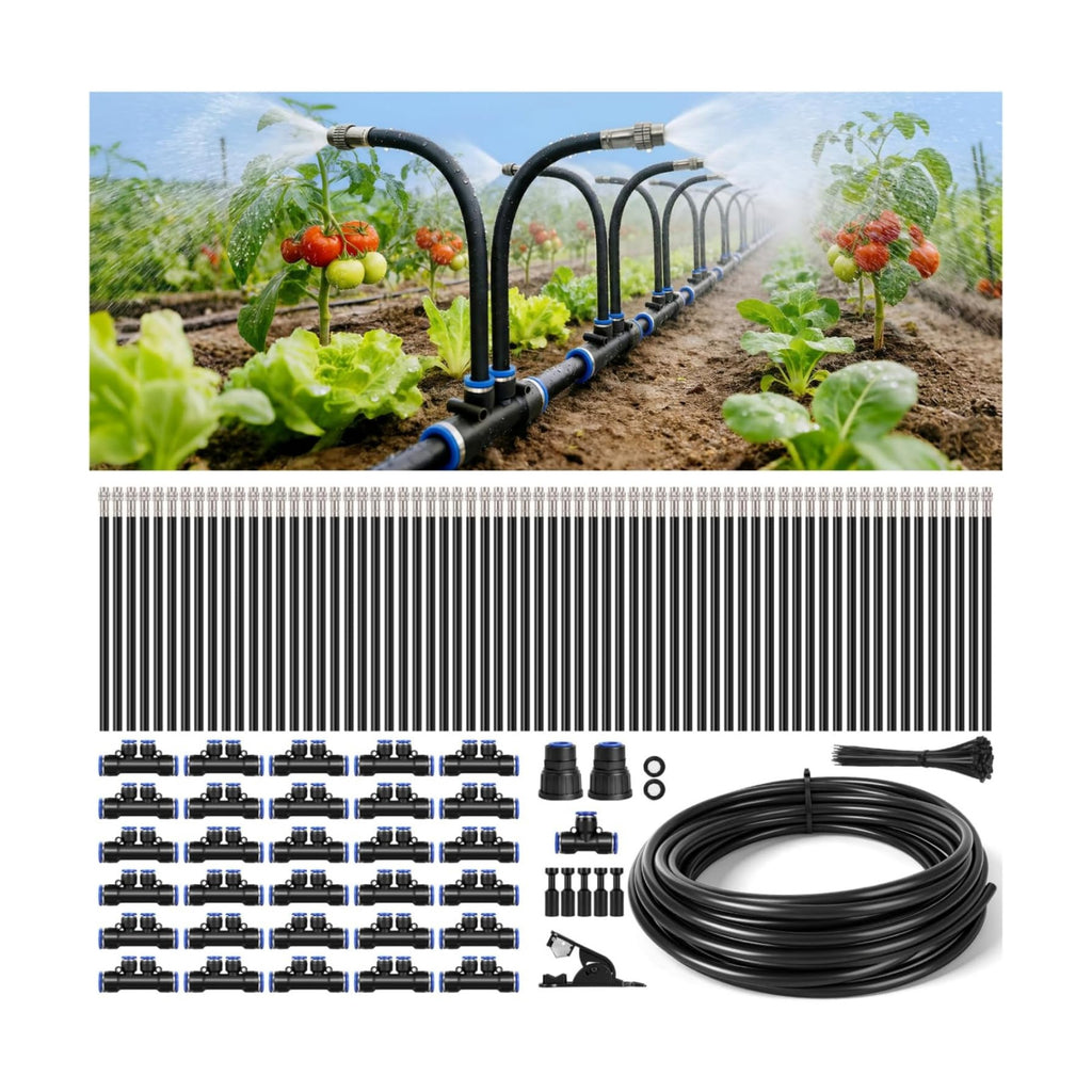 100-FT1/2-inch Tubing High-Flow Adjustable Irrigation System for the Garden | with 60 Nozzles, Dual-Side Watering Kit