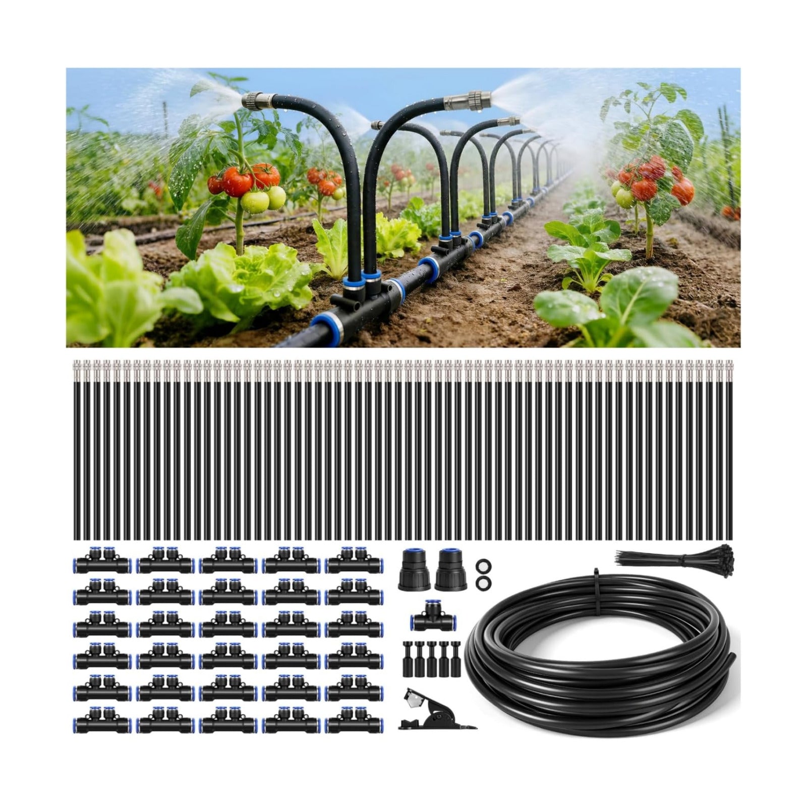 100-FT1/2-inch Tubing High-Flow Adjustable Irrigation System for the Garden | with 60 Nozzles, Dual-Side Watering Kit