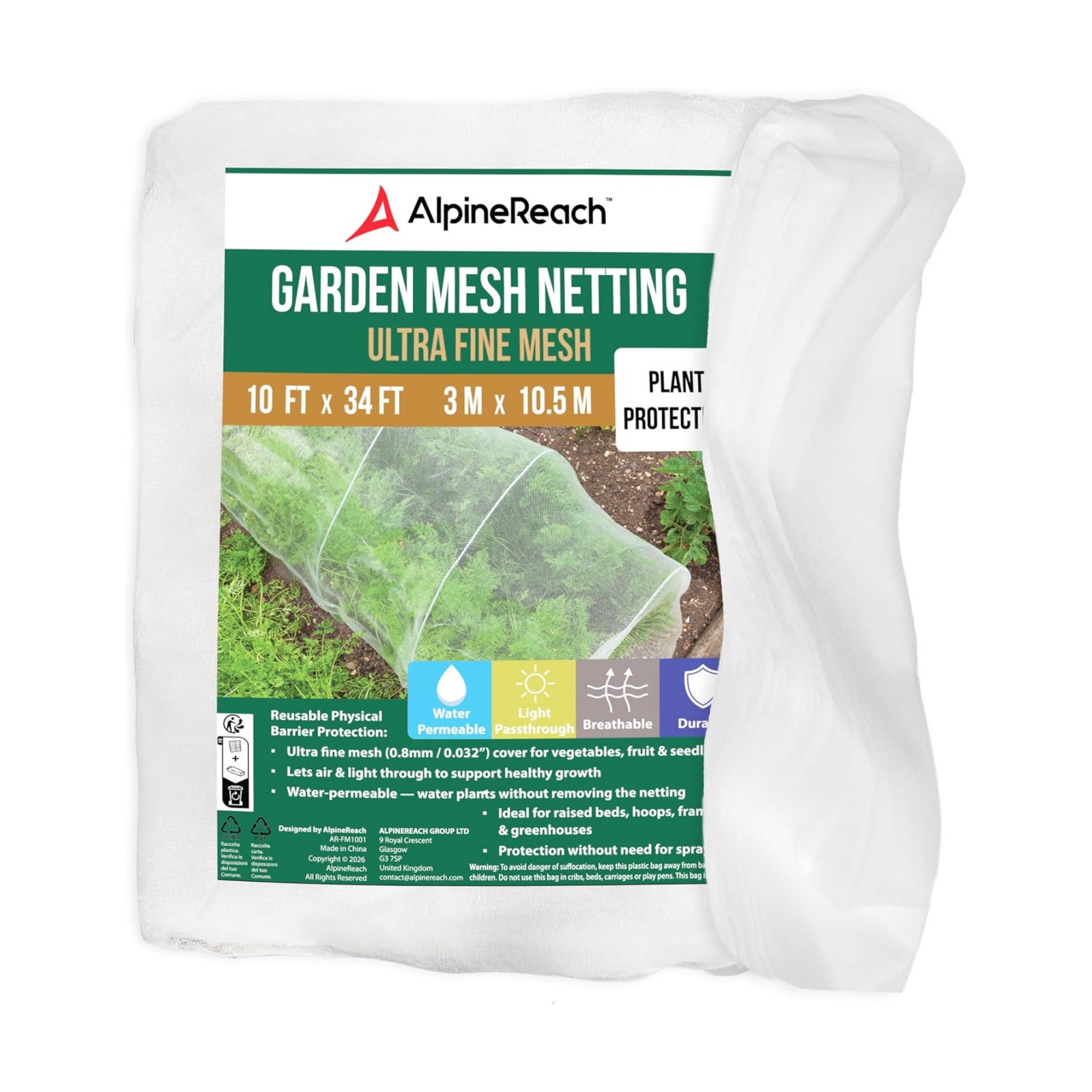 AlpineReach Garden Netting Ultra Fine Mesh 10 x 34 ft - Durable Protection Barrier Net Cover for Vegetable Plants