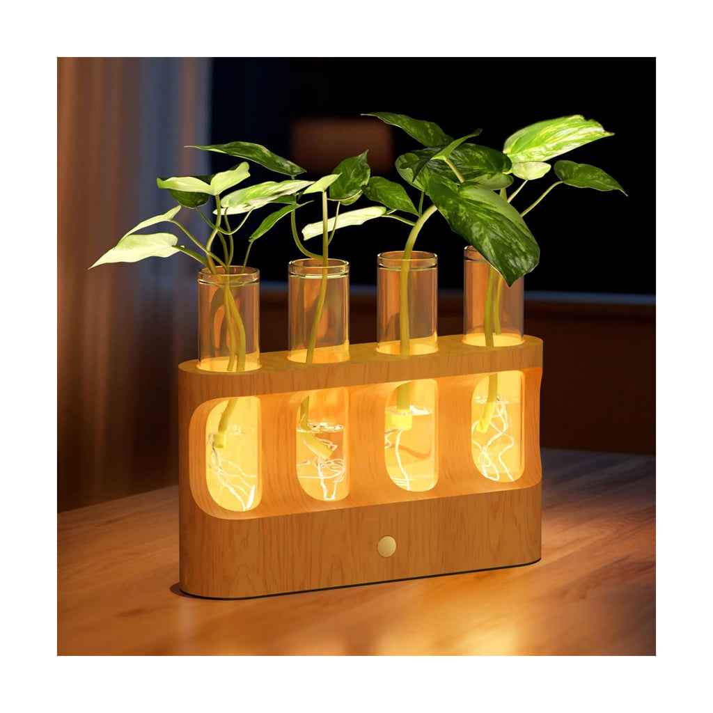 Lightalent Rechargeable Plant Propagation Station, LED Hydroponic Terrarium | Wooden Stand with 4 Glass Tubes and