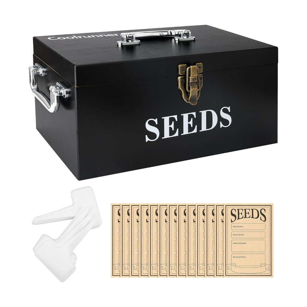 Coolrunner Wood Seed Saving Box, Seed Storage Organizer Case | Seed Packet Storage Organizer with Lock and 3 Handles