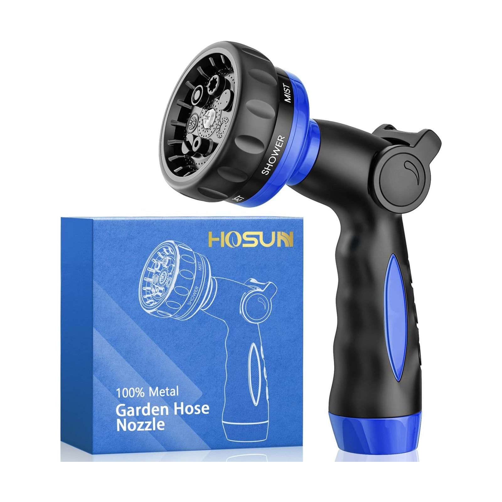 HOSUN Heavy Duty Garden Hose Nozzle, Adjustable Metal Water Sprayer, Blue | 7 Spray Patterns, Thumb Control, Ergonomic