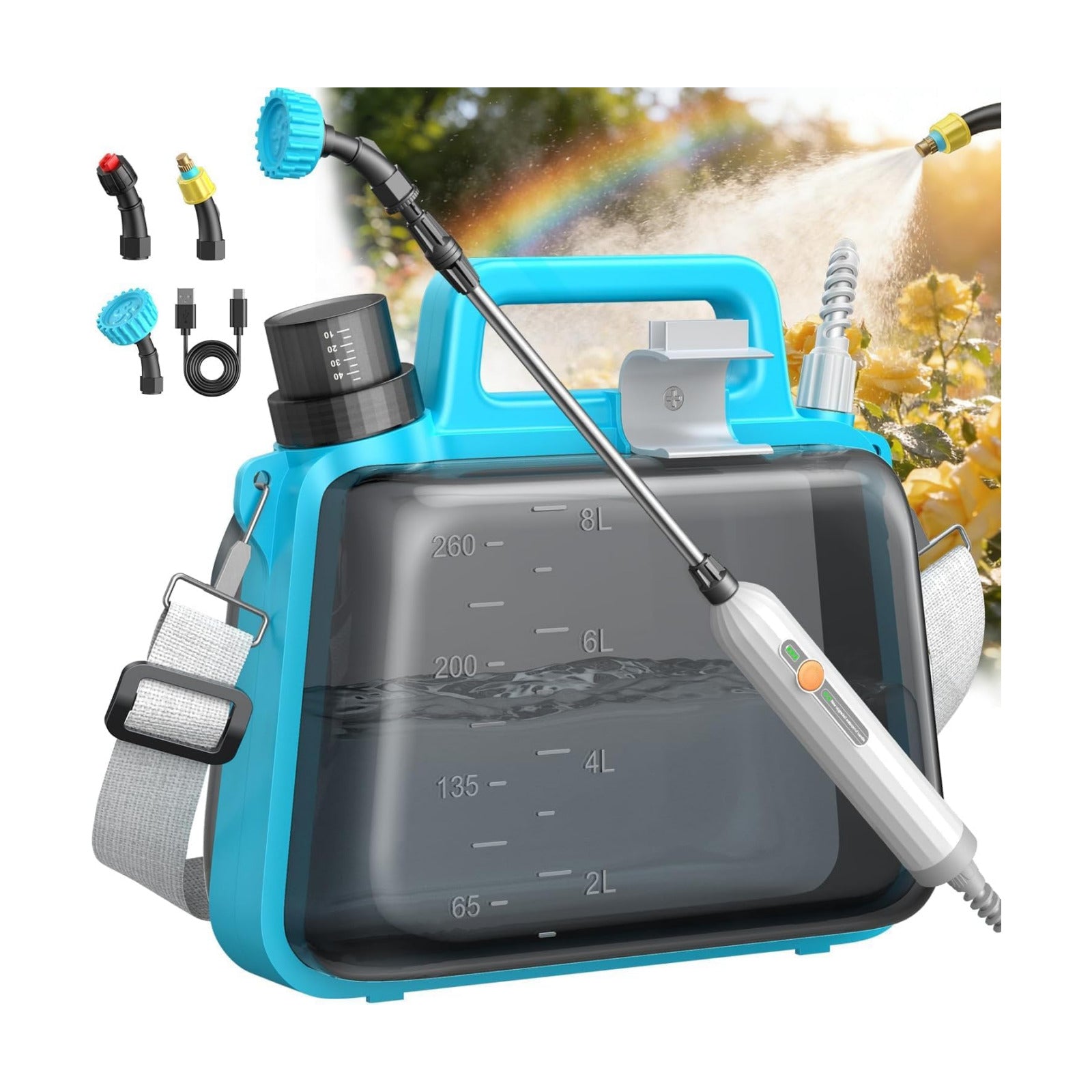 Battery Powered Garden Sprayer 2 Gallon, Electric Pump Sprayer with 3 Mist Nozzles, Rechargeable Handle, Telescopic
