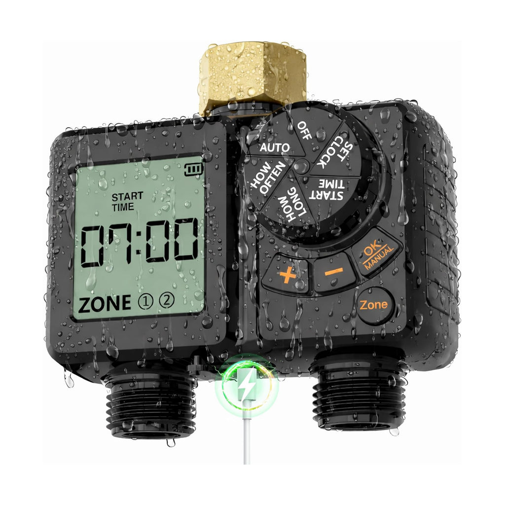 MIXC Rechargeable 2-Zone Water Timer, Full-Body IPX6 Sprinkler Timer - Over One Year Runtime - Save Water & Money, Drip
