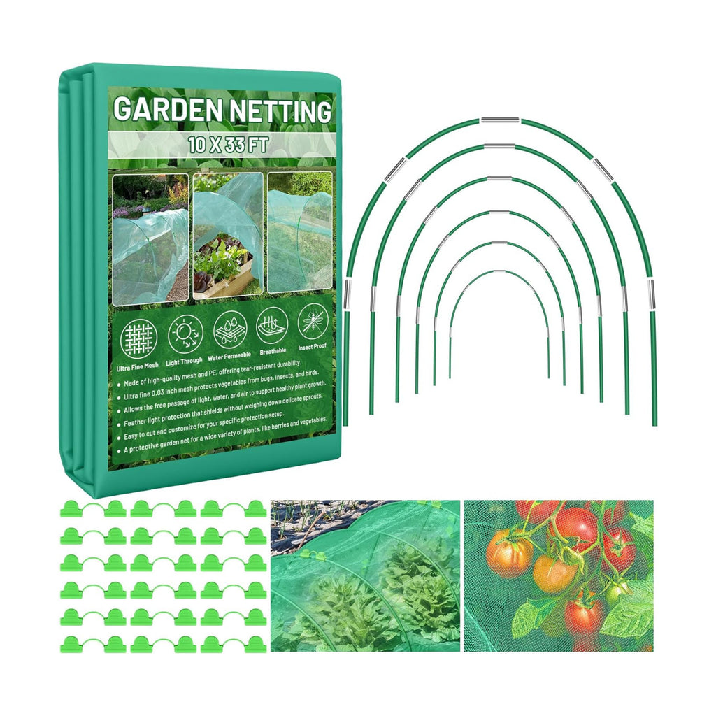 Garden Mesh Netting Kit for Raised Beds, 10x33FT Ultra Fine Mesh Netting& 6 Sets 8FT Fiberglass Garden Hoops, Insect