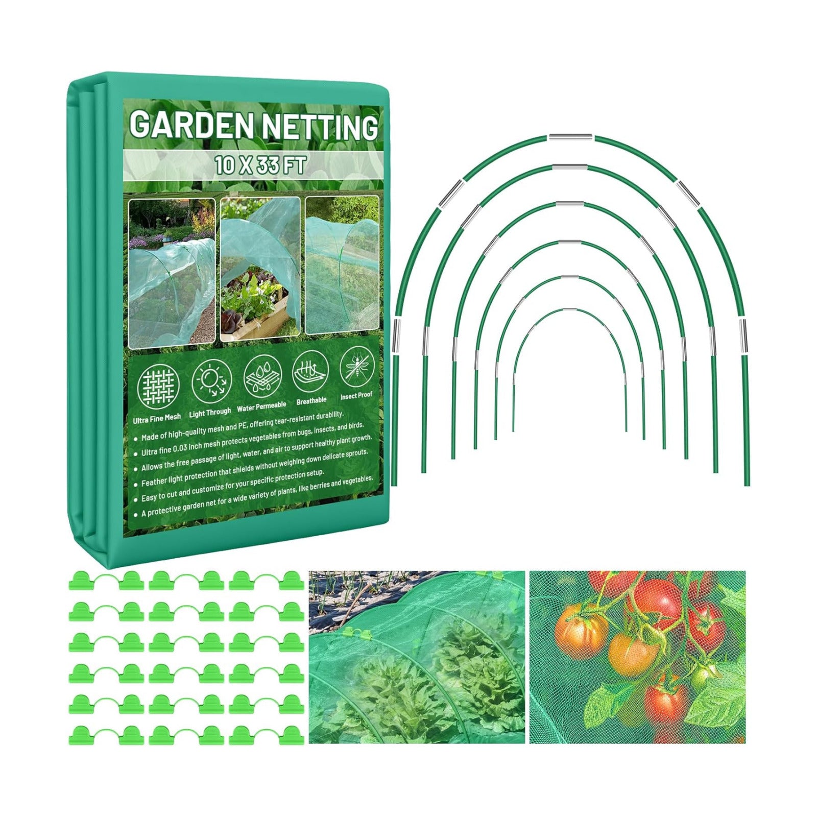 Garden Mesh Netting Kit for Raised Beds, 10x33FT Ultra Fine Mesh Netting& 6 Sets 8FT Fiberglass Garden Hoops, Insect