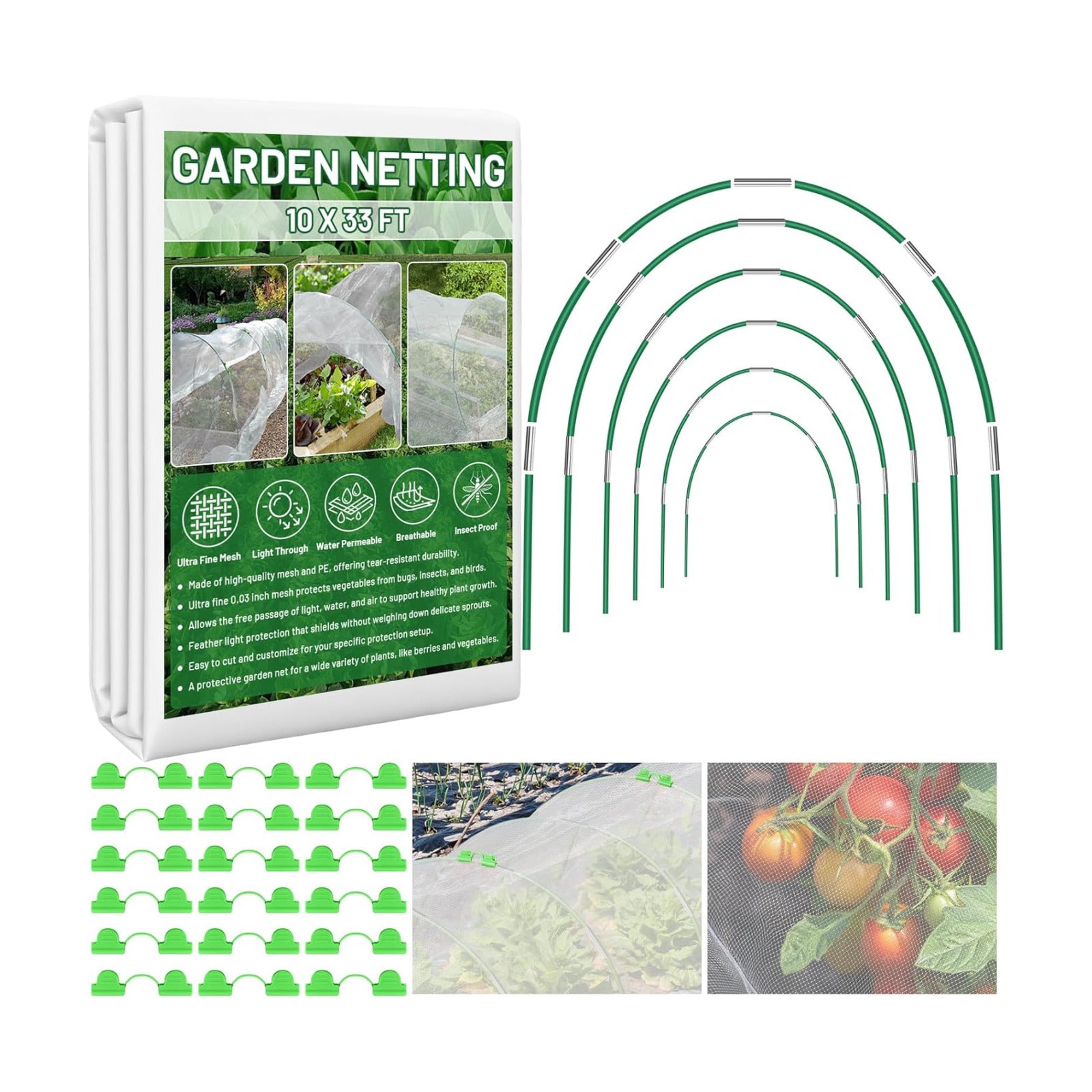 Garden Mesh Netting Kit for Raised Beds, 10x33FT Ultra Fine Mesh Netting&6 Sets 8FT Fiberglass Garden Hoops, Insect
