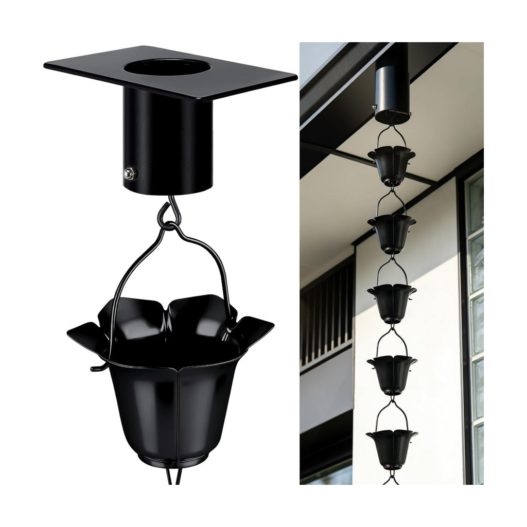 8.5 FT Black Rain Chain with Adapter for Gutters Downspouts Outside | 16 Cups Metal Material with Large Opening to