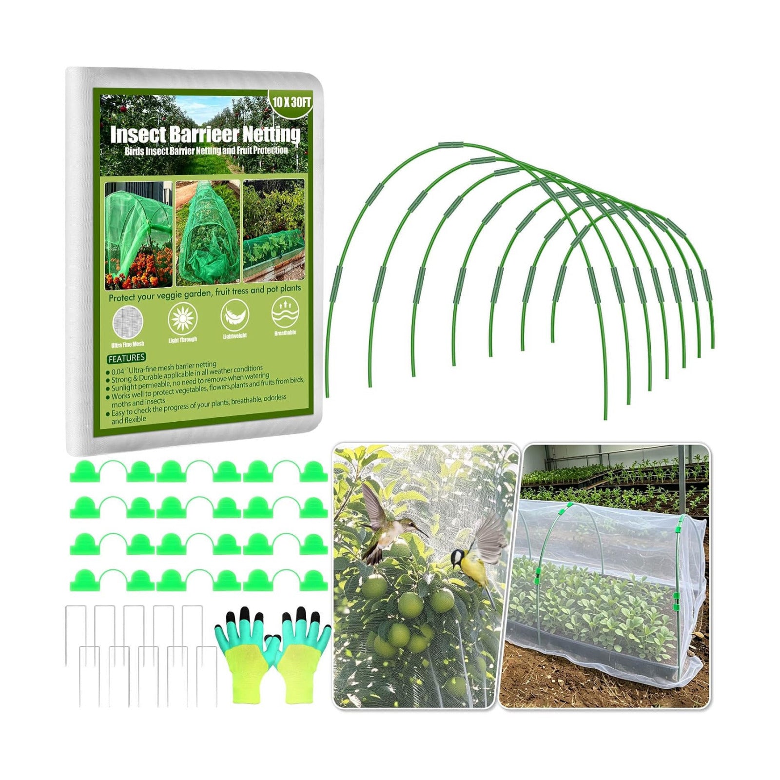 Tetutor Garden Mesh Netting Kit,7 Sets Wide Garden Hoops with 10x30 ft Garden Covers Bird Netting& 12 Clips, Garden