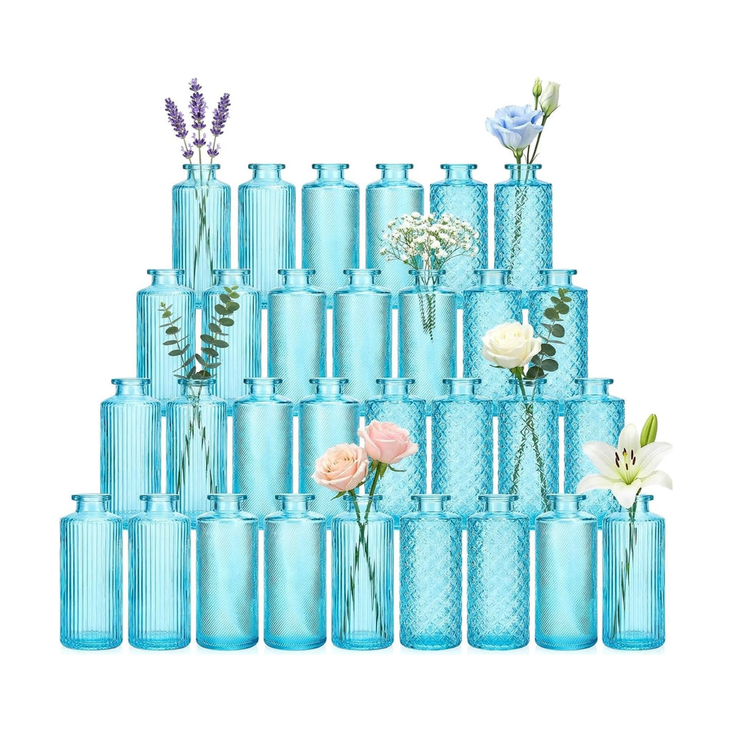 Glass Bud Vases 30 Pack, Small Blue Flower Vases for Centerpieces in Bulk