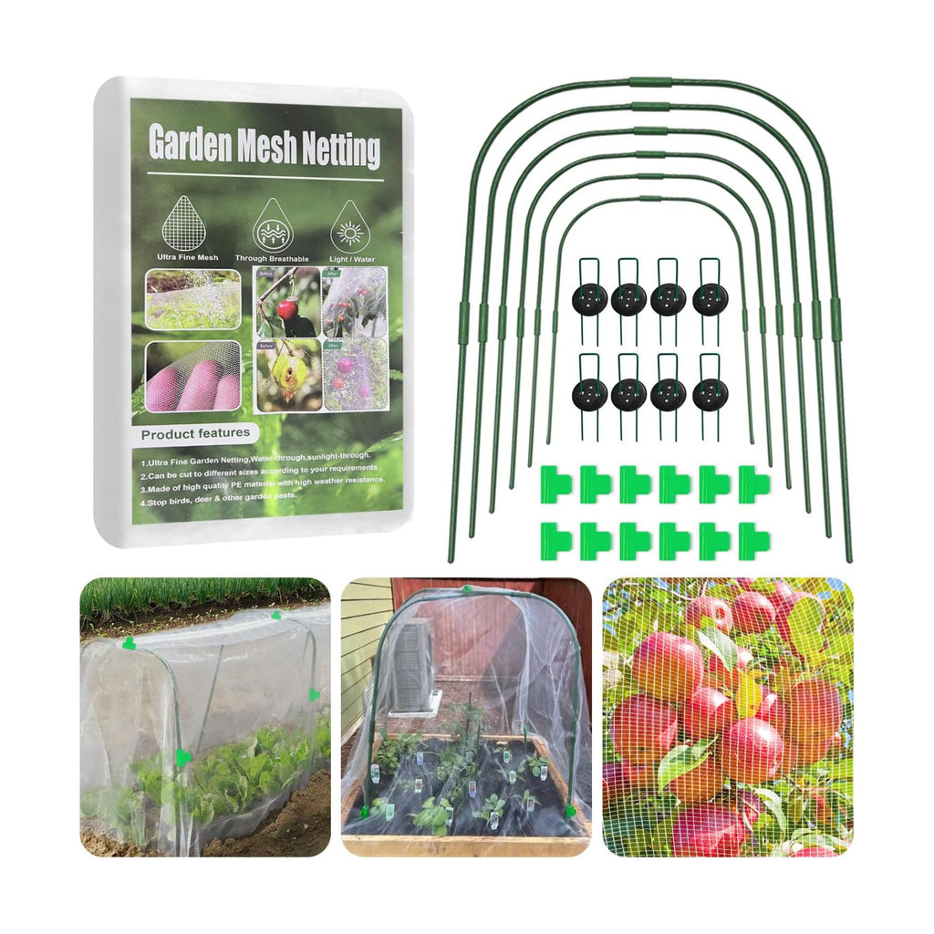 Garden Mesh Netting Kit for Raised Beds, 10 * 30 FT Ultra Fine Plant Netting Covers with 6 Pcs Wide Garden Hoops & 12