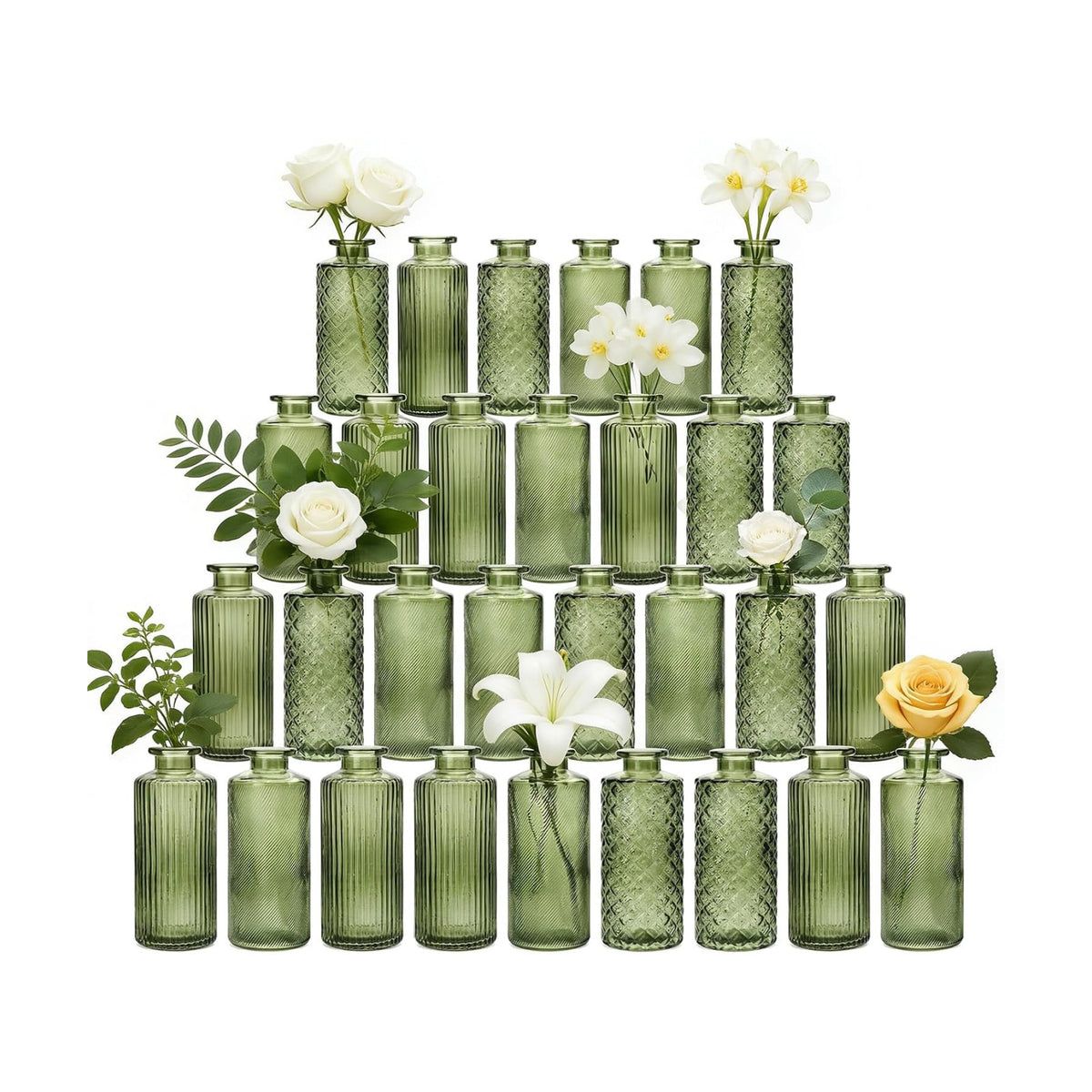 Glass Bud Vases 30 Pack, Small Green Flower Vases for Centerpieces in Bulk