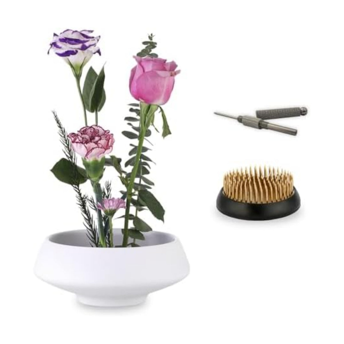 Ikebana Vase with Flower Frog White Ceramic Bowl Vases with Brass Stem Holder & Kenzan Straightener Japanese Floral Art Supplies Decorative Arrangement Pot for Home