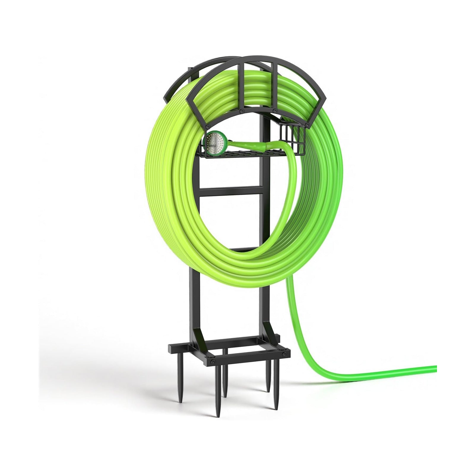 LASZOLA Garden Water Hose Holder Hanger Freestanding Reel for Outside Black | Rack Outdoor with Storage Basket, Heavy