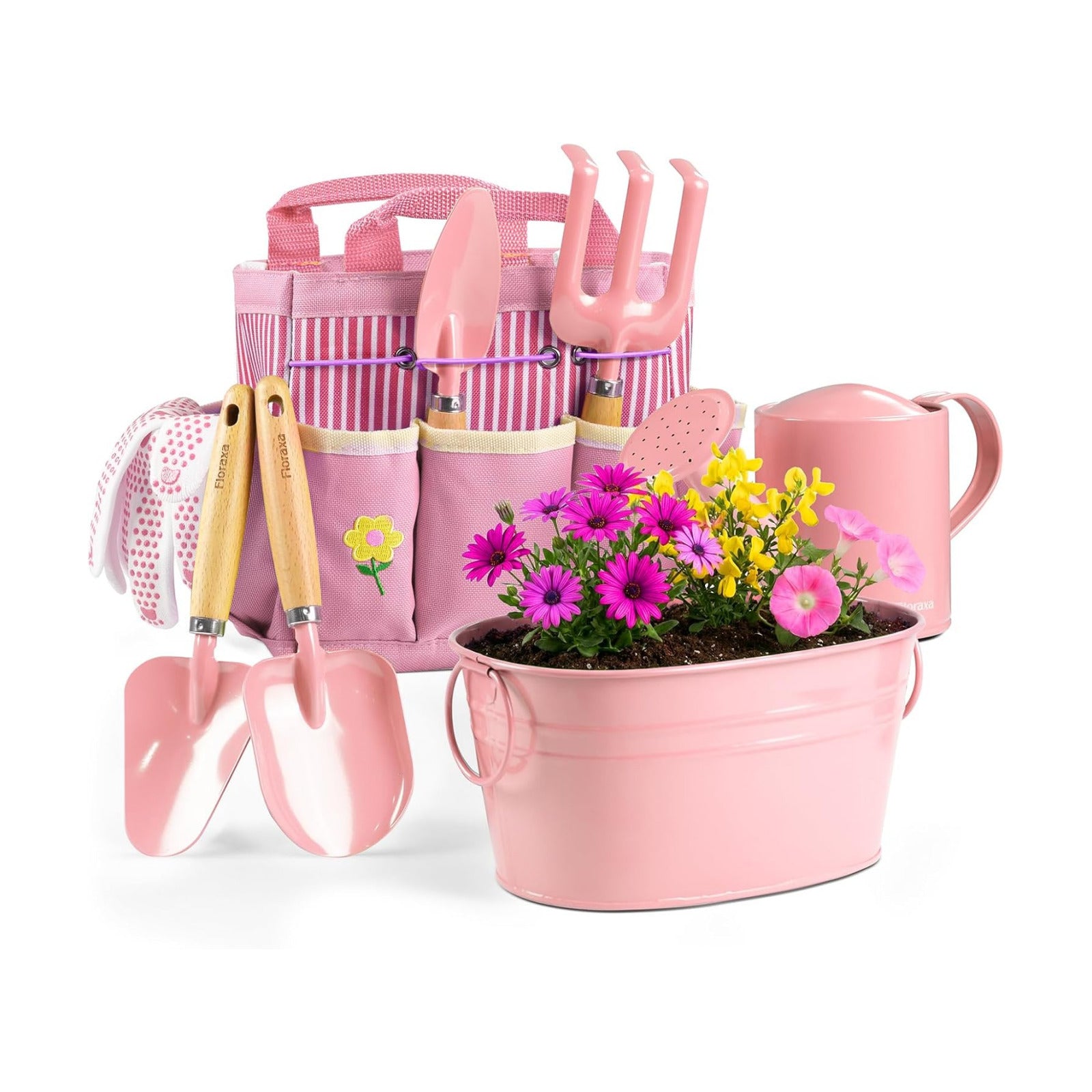 8Pcs Kids Gardening Set with Real Metal Tools & Metal Basket, Pink | 3 Wooden Handles, STEM Outdoor Exploration