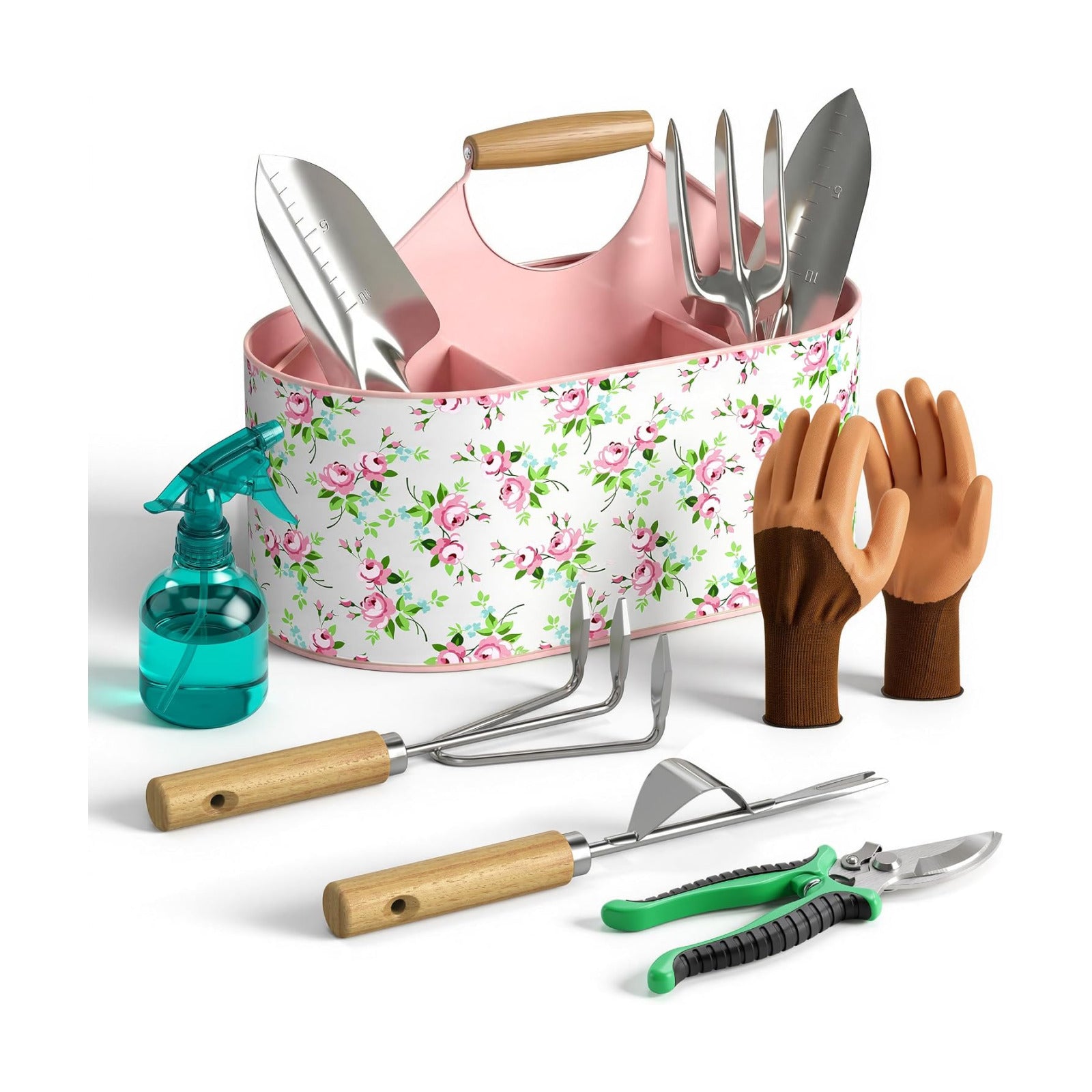 9Pcs Garden Tool Set with Stainless Steel Tools&Metal Basket, Pink | 5 Wood Handles, Rust Resistant, 4 Compartment