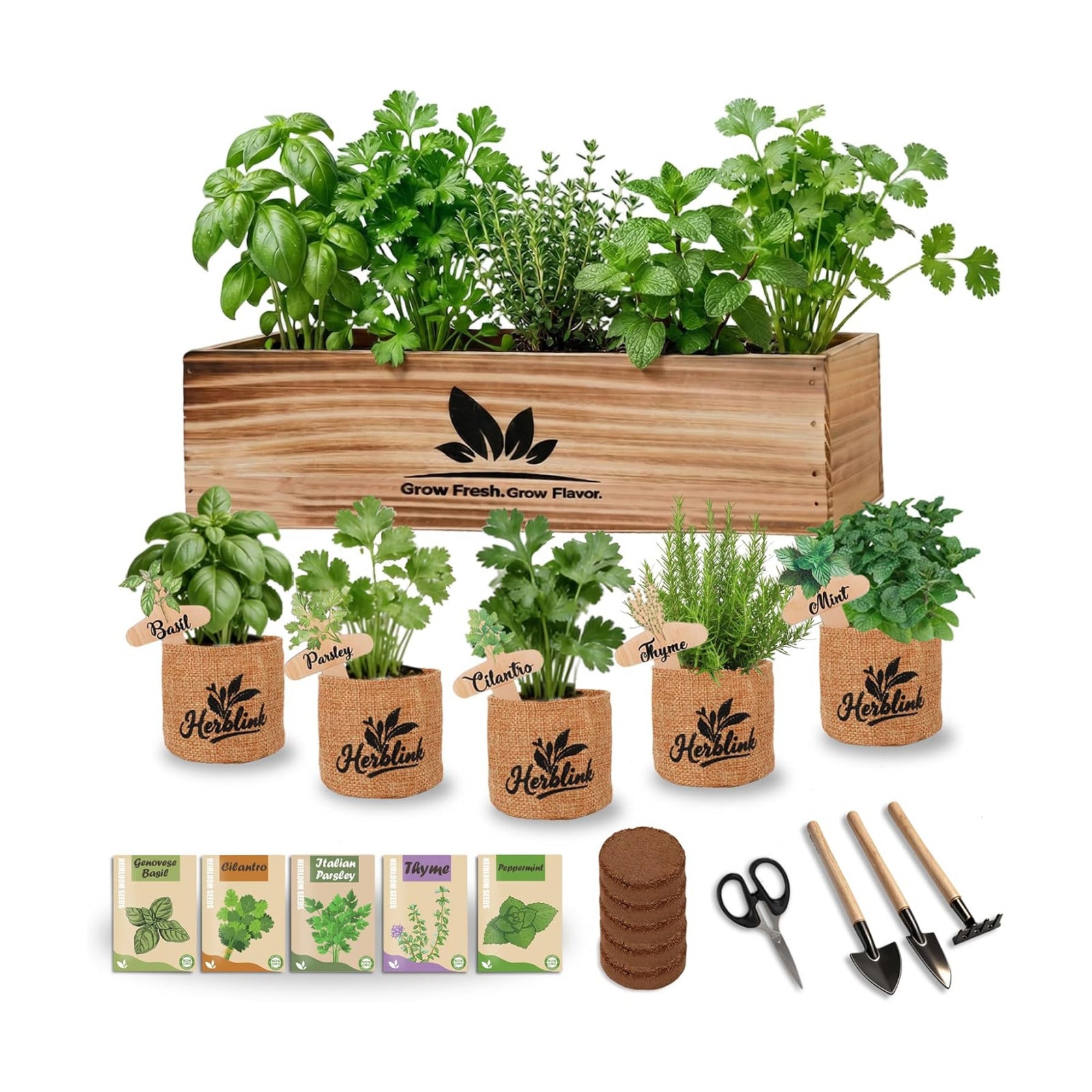 Indoor Herb Garden Starter Kit, Unique Gifts 5 Herb Garden Planter Indoor Kit with Wooden Box Including Basil