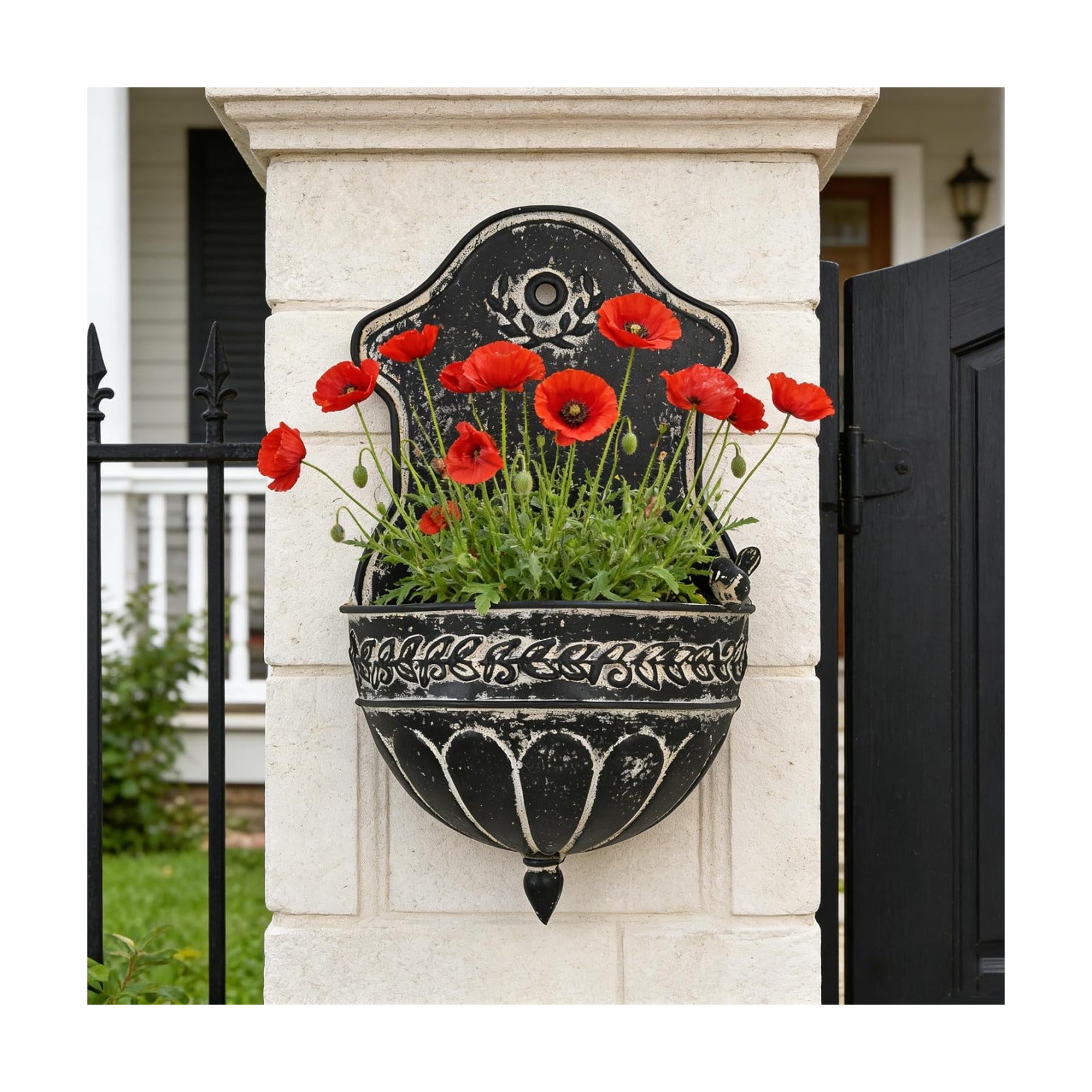 Vintage Distressed Black Metal Wall Planter, Rustic Hanging Pocket Planter with Scrollwork & Scalloped Design