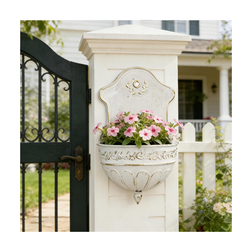 Vintage Distressed White Metal Wall Planter, Rustic Hanging Pocket Planter with Scrollwork & Scalloped Design