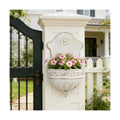 Vintage Distressed White Metal Wall Planter, Rustic Hanging Pocket Planter with Scrollwork & Scalloped Design