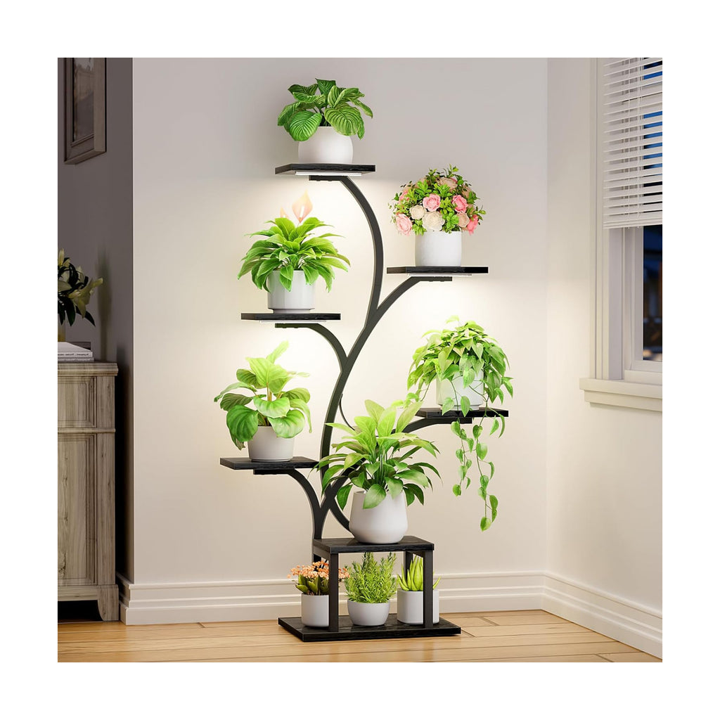 BACEKOLL Plant Stand Indoor with Grow Light, 7 Tier 49" Lighted Plant Shelf | Tree-Shaped Tall Holder with Full