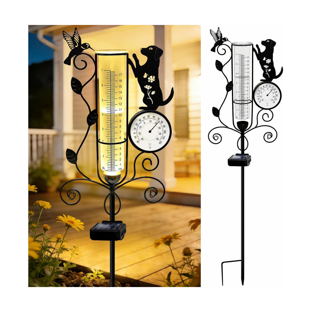 YJFWAL Metal Dog Solar Rain Gauge Outdoor with LED Light and Thermometer